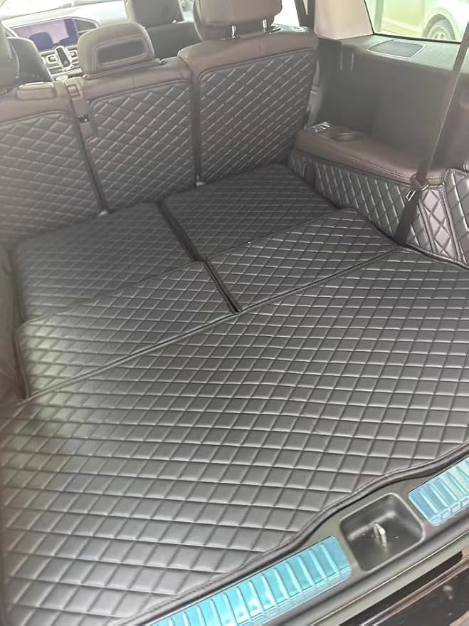 Full Coverage Trunk Liner for Mercedes GLS Class 2+3+2 Seater 2020-2025(with Vent on Left Side of Trunk) Rear Cargo Mat+Backrest Mat+Both Sides Panel Trunk Cover(Black w/Black Stitching)