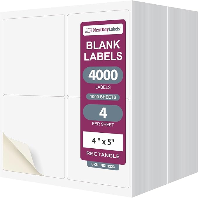 NextDayLabels – 4” x 5” Rectangular Sticker Labels for Printer - White Laser/Inkjet Printer Labels Return Address Labels Shipping Label Stickers (1000 Sheets, 4 Per Sheet, 4000 Labels)