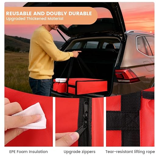 Insulated Pizza Delivery Bag with 4 Cup Holders, 24" x 6" Pizza Warmer Bag for Hot Pizza/Drinks, Pizza Carrier for Events, Large Food Delivery Carrier for Transport/Shopping/Catering, Red