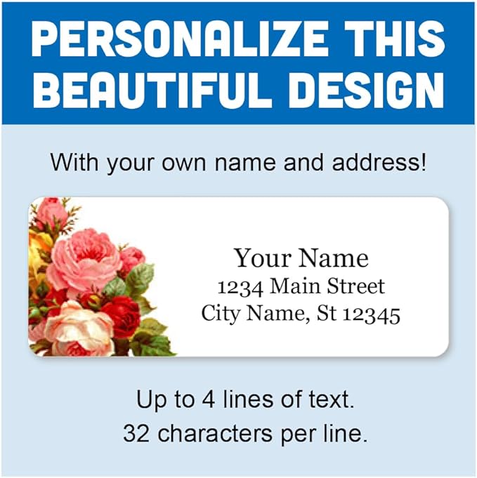 Personalized Return Address Labels - Vintage Roses Flowers -60-1000 Custom Self-Adhesive Stickers