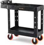 ELAFROS Heavy Duty Plastic Utility Cart 41.3 x 17 Inch - Ergonomic Handle Work Cart Storage W/Deep Shelves and 2 Fixed 2 Swivel Wheels Safely Holds up to 550 lbs - 2 Tier Service Cart with 6" Wheels