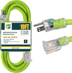 EP 10 Ft Lighted Outdoor Extension Cord - 10/3 SJTW Heavy Duty Green Extension Cable with 3 Prong Grounded Plug for Safety, UL Listed