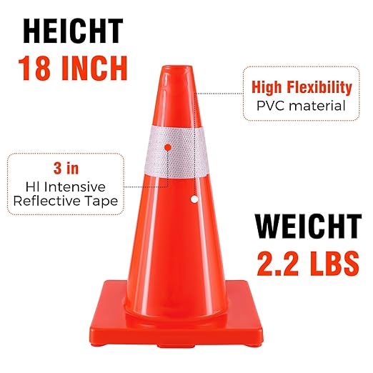 Traffic Safety Cones 18 Inch 8 Pack - Orange Road Parking Cones with Reflective Collars, Heavy Duty PVC Construction Cone Structurally Stable for Road Parking, Traffic Control, Driveway