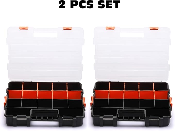 AIRTOON Tool Box Organizer Interlocking Black Small Parts Organizer for Fasteners and Crafts w/Removable Dividers (2 Piece Pack)