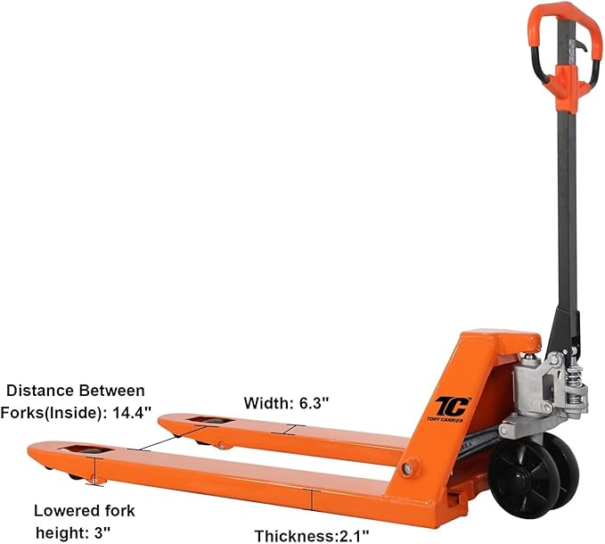 Tory Carrier Pallet Jack Hand Truck Manual Pallet Jacks 5500-Lb. Capacity, 27 x 48 Forks Standard Duty, Rubber Handle, Nylon Wheels