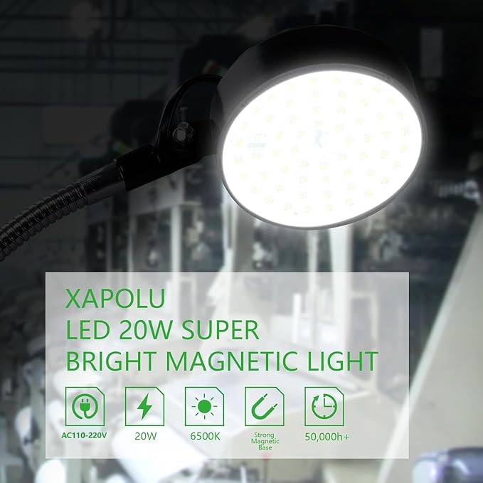 LED Magnetic Work Light with Flexible Gooseneck, 20W 2000 Lumens 6500K 110V US Plug, Machine Lathe Light with On/Off Magnetic Base for Work Bench, Sewing Machine, Lathe Workbenches