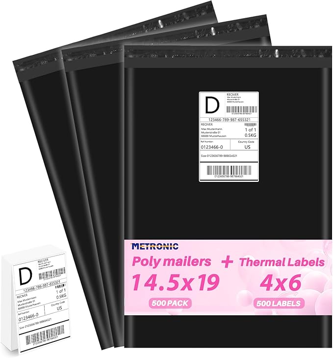 Metronic Poly mailers 14.5x19'' 500pcs with 4x6 Thermal Labels 500 Labels Bulk, Strong Adhensive Shipping Bags for Clothing,Waterproof Shipping Envelopes Mailing Bags for Small Business,Black