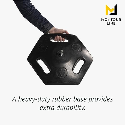 Montour Line MSR760 Set of 2 Retractable Belt Barrier Stanchion, Rubber Base, Black Powder Coated Post (35 ft Black with White Horizontal Stripe Belt)