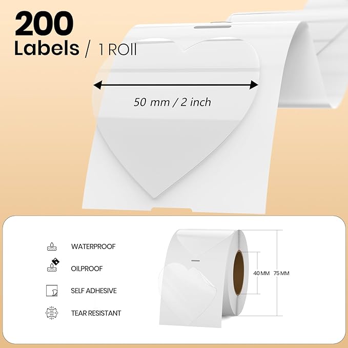 Clear Thermal Labels Vinyl 2 Inch Self-Adhesive Heart Stickers Roll Waterproof Gift Decals Package Seal for QR Code Envelope Decoration Office Home 300 PCS