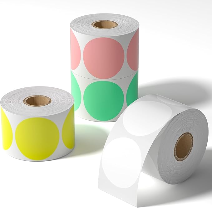 CLASSY 2" Circle Thermal Sticker Label -Multi-Purpose Self-Adhesive Round Direct Thermal Labels for Name Tags, Inventory, Color Coding, Logo Design (750 Labels/Roll, 4 Colors-White Pink Green Yellow)