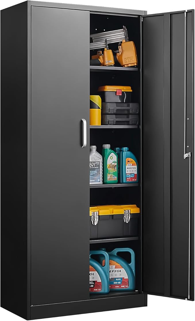 Garage Storage Cabinet with 2 Lockable Doors, Adjustable Shelves Metal Storage Cabinet, Kitchen Pantry Storage Cabinet, Heavy-Duty Steel Cabinet for Home, 71'H, Black