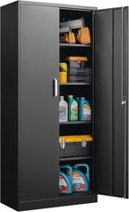 Garage Storage Cabinet with 2 Lockable Doors, Adjustable Shelves Metal Storage Cabinet, Kitchen Pantry Storage Cabinet, Heavy-Duty Steel Cabinet for Home, 71'H, Black