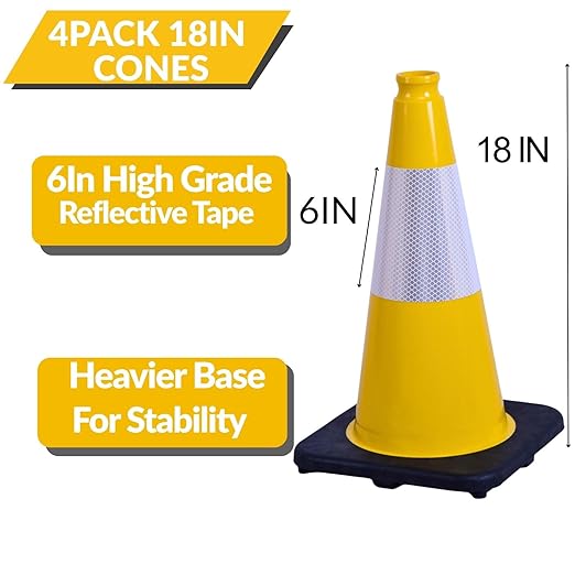 BESEA 4Pack 18 Inch Yellow Traffic Cones with 6 Inch Reflective Collar, Heavy Duty PVC Safety Cones with 10.5 x 10.5 Inch Base for Parking, Driving Practice, Sports Training, and Construction
