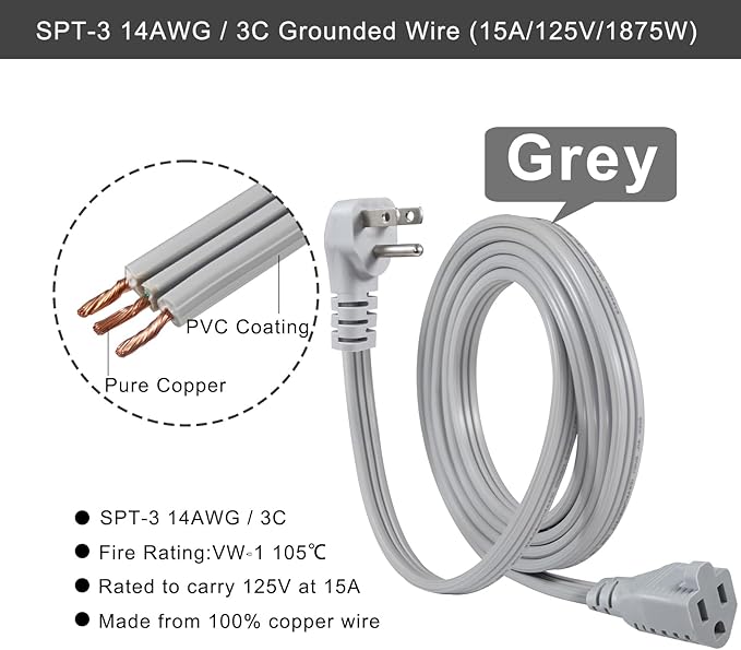 KUNCAN Appliance Power Extension Cord - 3 Prong Flat Wire SPT-3 14 AWG Heavy Duty Male to Female Extender Low Profile Grounded Cable for Major AC Unit, Air Conditioner, Refrigerator (9 Feet)