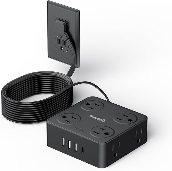 10Ft Power Strip with Surge Protector, 8 Outlets 4 USB Ports Extension Cord, Flat Plug Charging Station for Home Office Desk & College Dorm Essentials, Black
