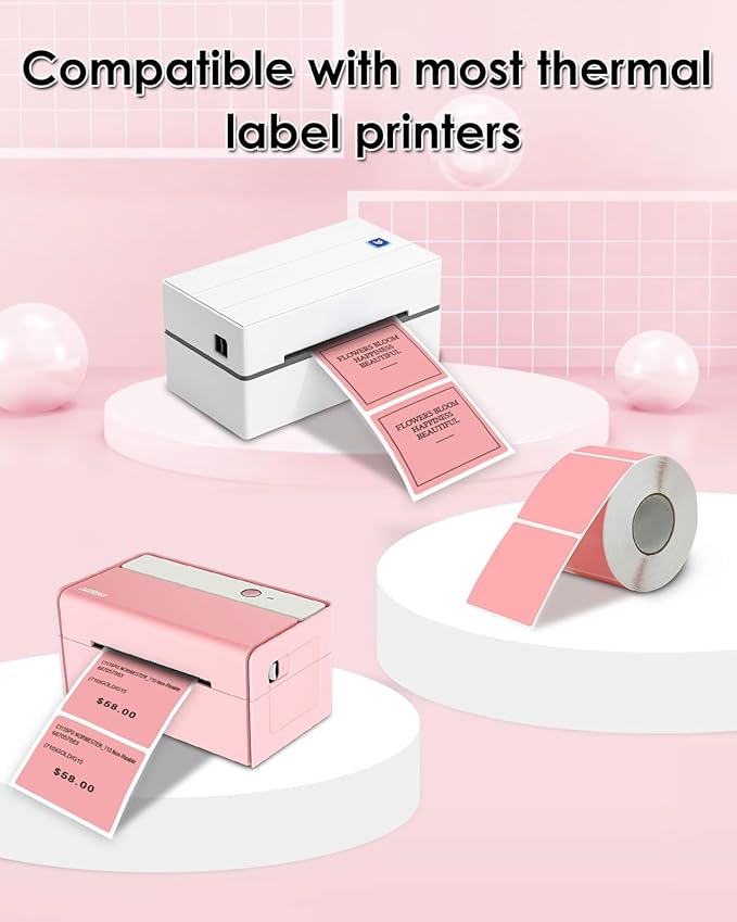 iEager Pink Square Thermal Label Stickers, 2"x2" Self-Adhesive Square Direct Thermal Labels with Perforation Line, 500 Sheets/Roll