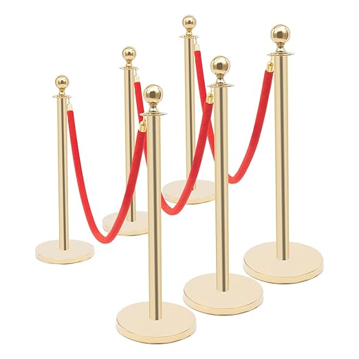6-Post Velvet Rope Stanchions with 4 Red Ropes, Gold Stainless Steel Posts for Crowd Control with Velvet Ropes and Velvet Ropes Event & Queue Management,Party Runway Carpet