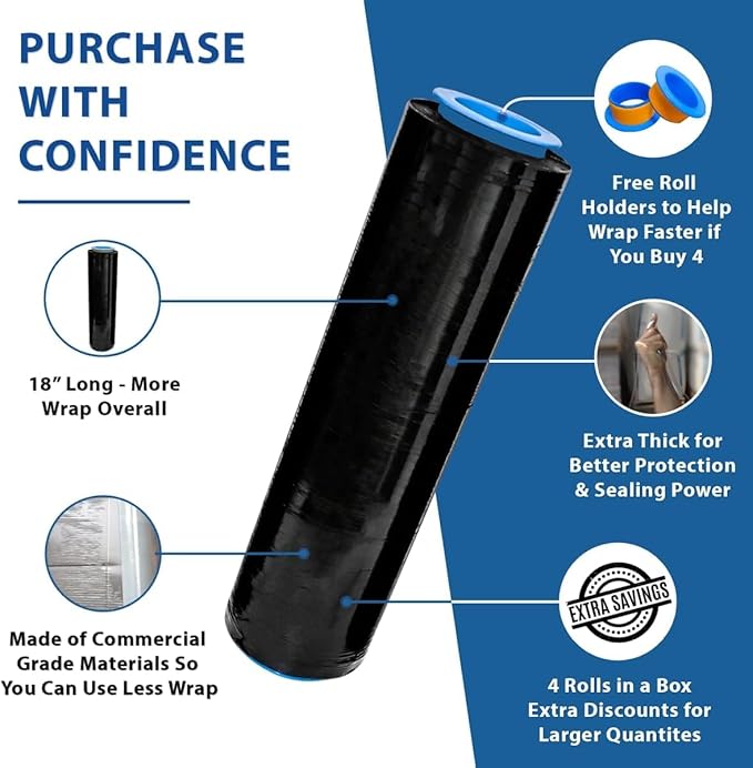 4 Rolls x 18 Inch x 1500 FT x 80 Gauge [Upgraded] Black Premium Stretch Wrap, Heavy Duty Shrink Film for Shipping, Moving, Sealing - Stronger & Thicker, Durable