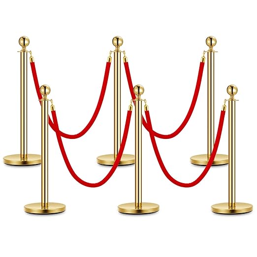 6PCS Gold Stanchion Post, 5 Ft Red Velvet Rope Stainless Steel Crowd Control Barriers Used for Theaters Parties Wedding Museums Exhibition