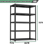 72" H Storage Shelves 3000LBS Garage Shelving Heavy Duty 5 Tier Metal Shelving Unit Storage Rack for Basement, Warehouse, Pantry, Closet, Kitchen 72" H x 35.4" W x 15.7" D, Black