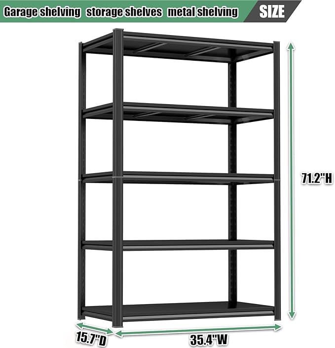 72" H Storage Shelves 3000LBS Garage Shelving Heavy Duty 5 Tier Metal Shelving Unit Storage Rack for Basement, Warehouse, Pantry, Closet, Kitchen 72" H x 35.4" W x 15.7" D, Black