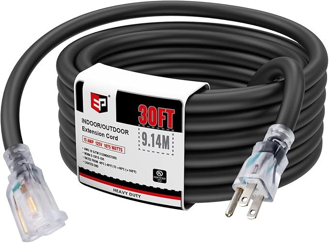 EP 30 Ft Lighted Outdoor Extension Cord - 10/3 SJTW Heavy Duty Black Extension Cable with 3 Prong Grounded Plug for Safety, UL Listed