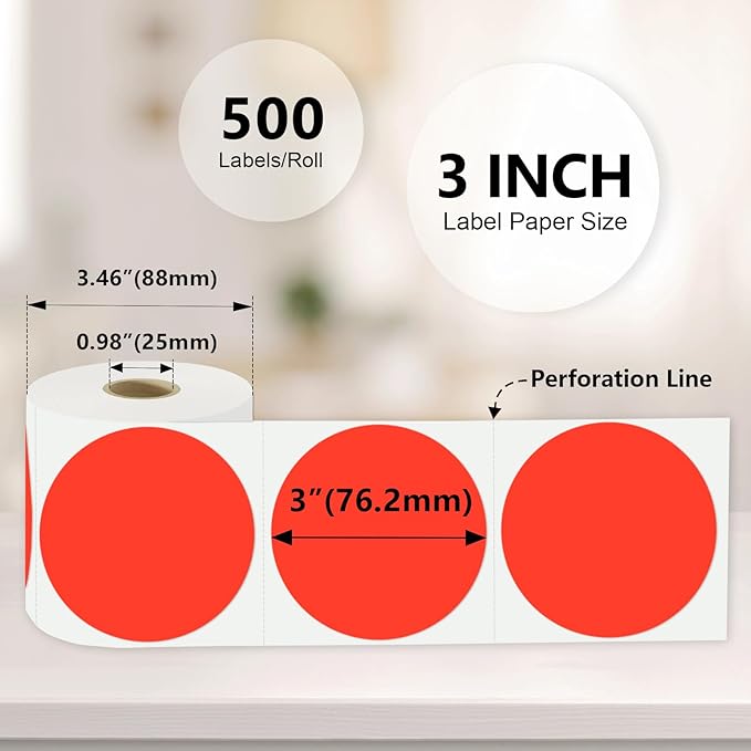 3 X 3 Inch Color Coding Dot Labels Circle Thermal Printable Waterproof 500 Pcs Round Stickers Adhesive Writable for Office, Home, Garage, DIY Sticker, Barcodes, Name Tag, Fluorescent Red