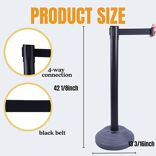 6 Pack 42Inch Crowd Control Stanchions with 10ft Black Retractable Belt Crowd Control Barriers 13 Inch Water-Filled Base Retractable Stanchions for Traffic Control (Black)