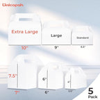 UnicoPak 5 Pack 10x7x7.5 Extra Large Gable Boxes, White Gift Boxes with Handle Lunch Boxes To Go for Birthday Wedding Party Favors Picnic Welcome