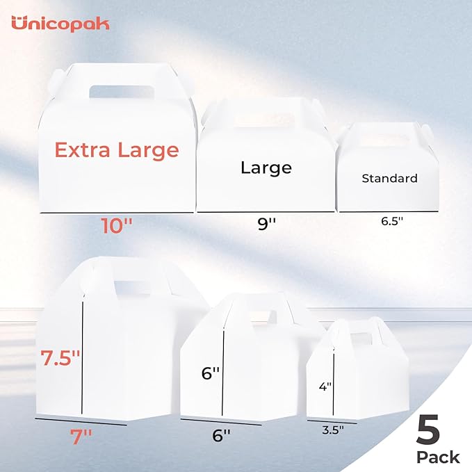 UnicoPak 5 Pack 10x7x7.5 Extra Large Gable Boxes, White Gift Boxes with Handle Lunch Boxes To Go for Birthday Wedding Party Favors Picnic Welcome