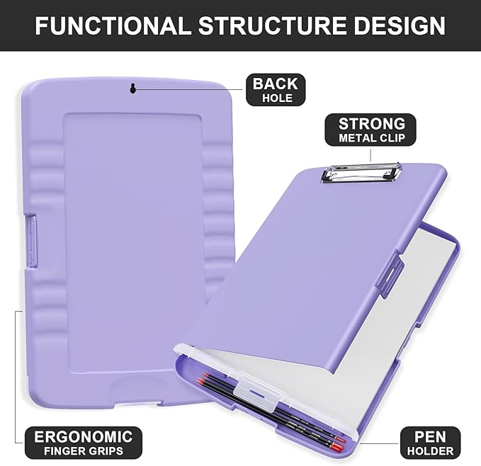 Plastic Clipboard with Storage, 8.5 x 11 Storage Organization Box Side-Opening, Heavy Duty Clip Board with Pen Holder and Paper Folder for Nurses, Teachers, Office & School Supply, Purple
