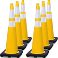 6 Pack 36" Large-Sized PVC Traffic Cones with Heavy-Duty Black Base, Garage Parking Lot Cones Structurally Stable Weatherproof Road Construction Safety Cones (6, Yellow, 36" Extra Large)