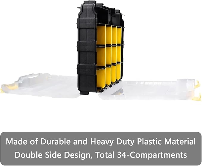 Hardware Organizer Box 34 Compartments Small Parts Organizer with Removable Dividers Durable Plastic Double Side Tools Box Screw Organizers For Nuts, Bolts, Screws, Nails 2Pack