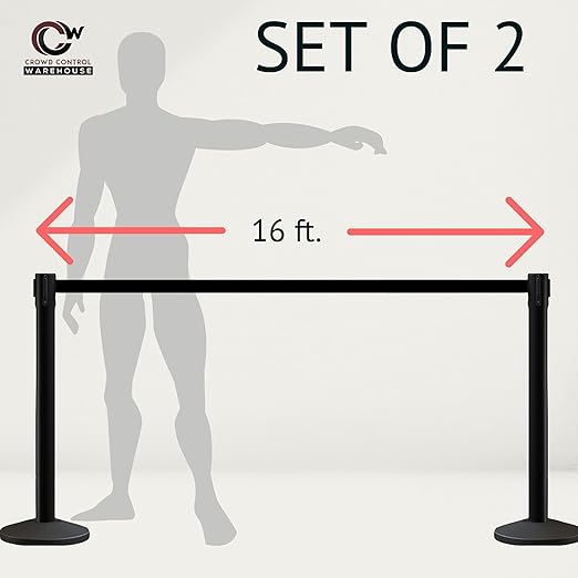 Crowd Control Warehouse CCW Series RBB-150 - Set of 2 Stanchion Retractable Belt Barriers - 16 Foot, Black Belt with Polished Stainless Steel Post - Easy Assembly