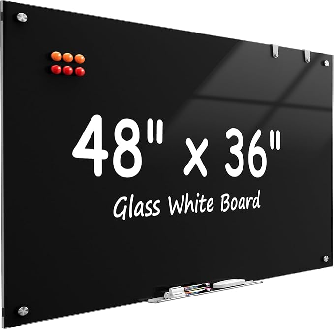 MaxGear Glass Whiteboard 48x36 Inches Wall Mounted, Magnetic Black Dry Erase Board with 1 Eraser, 1 Accessory Tray, 4 Markers and 6 Magnets, Large Frameless White Board for Office, School, Home