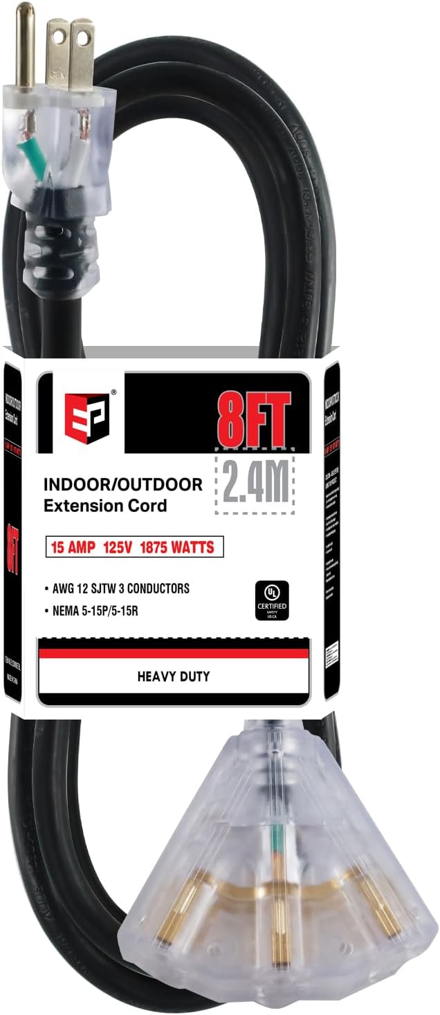 EP 8 Ft 12 Gauge Heavy Duty Extension Cord, 15A 125V 1875W, 3 Outlet Indoor/Outdoor Power Cord with Lighted End, 12/3 SJTW Weatherproof Black, UL Listed