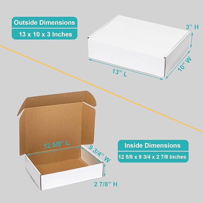 Mcfleet 13x10x3 White Shipping Boxes - Corrugated Cardboard Mailing Box Packaging for Small Business - Tab Locking Literature Mailer Flat Empty Gift Packing Supplies 24 Pack