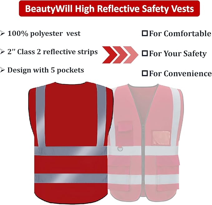 BeautyWill Custom Logo 10/20 Pack Safety Vest Class2 High Visibility Vest with Pockets Breathable Construction Vest Bulk