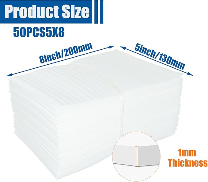 50 Pack Foam Pouches, Cushion Foam Pouch for Moving and Storing, 5"x 8" Foam Wrap Pouches Protect Fragile Items, Protect mug, Glasses, China, and Dishes, Packing supplies