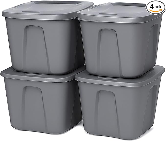 HOMZ 4-Pack Durable Molded Bin, Plastic Storage Containers w/Lids, 10 Gallon, Silver - Stackable Organizer Totes and Boxes for Bedroom, Kitchen, and Garage Organization