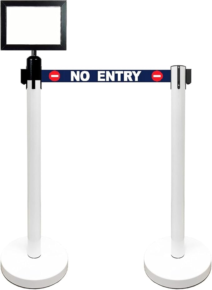 Retractable Stanchion, 6 SPECIALTY Posts + Signframe, 36" Ht, 78" Special Event & Holiday Theme Belt + Bonus Replacement Cassettes + Wall Receiver (WHT Post/No Entry Belt)
