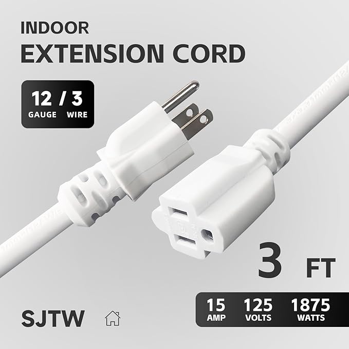 3 FT 12 Gauge Extension Cord Outdoor, Heavy Duty Weatherproof & Flame Retardant Black 3 Prong Power Cord, Outside for Garden & Lawn, 15 Amps 1875 Watts 125 VAC 12AWG SJTW, UL Listed