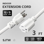 3 FT 12 Gauge Extension Cord Outdoor, Heavy Duty Weatherproof & Flame Retardant Black 3 Prong Power Cord, Outside for Garden & Lawn, 15 Amps 1875 Watts 125 VAC 12AWG SJTW, UL Listed