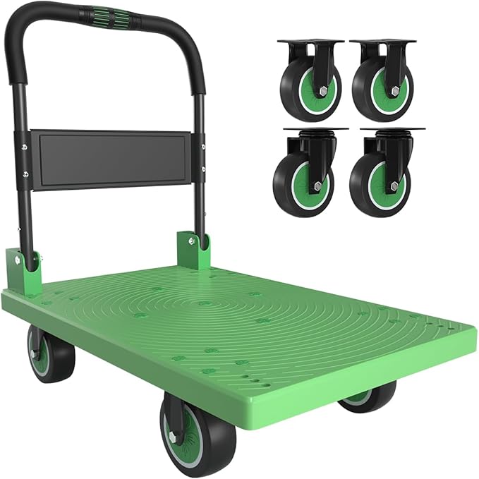 WUD Push Cart, Folding Mobile Platform Trolley,Thickened and Reinforced, 360° Swivel Wheels, 35.4 “L x 23.6 ”W, 1323 lb. Green Dolly cart with Wheels