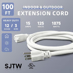 EP 100 Ft Outdoor Extension Cord, 12/3 SJTW Heavy Duty Extension Cable with 3 Prong Grounded Plug, 15 AMP Power Cord for Lawn, Garden, Appliances, White