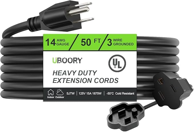 Outdoor Extension Cord Waterproof 50 FT, Black 14/3 SJTW Heavy Duty, Flexible 100% Copper 3 Prong Extension Cord for Lawn, Garage,UL Listed
