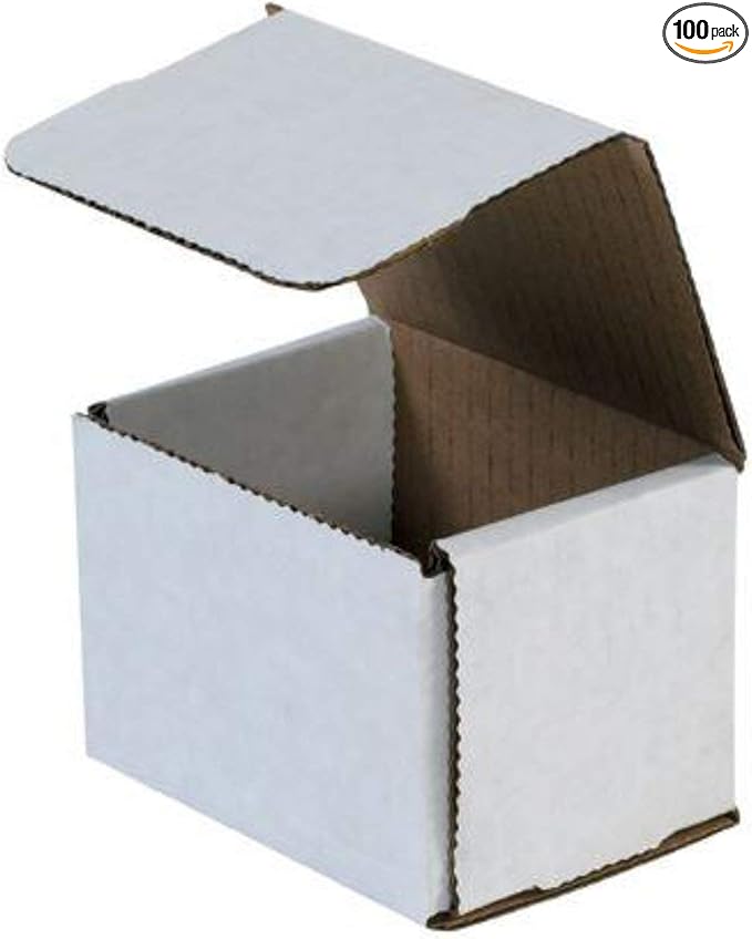 Secure Seal Shipping Boxes - 4x3x3" Mailers - White Foldable Corrugated Cardboard Packaging for Mailing, Moving, Storage, and Organizing - Strong Lightweight Foldable (Bulk 100 Pack)