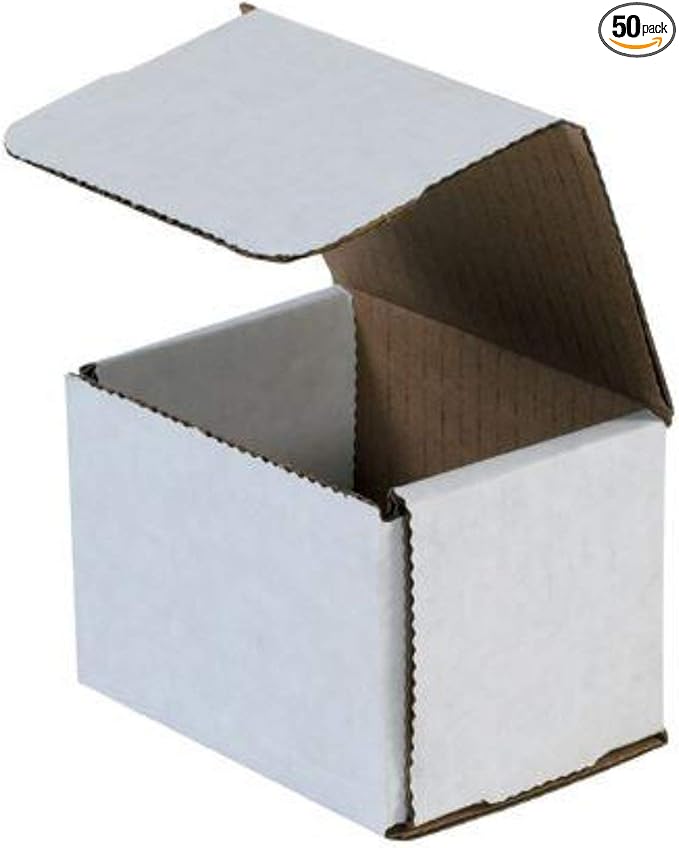Secure Seal Shipping Boxes - 4x3x3" Mailers - White Foldable Corrugated Cardboard Packaging for Mailing, Moving, Storage, and Organizing - Strong Lightweight Foldable (Bulk 50 Pack)