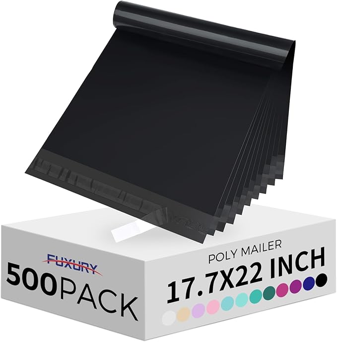 Fuxury 500 Pack 17.7x22" Black Large Poly Mailers Bulk,Waterproof Mailing Envelopes for Clothing,XL Strong Adhesive Self Seal Poly Shipping Bags for Postage Return Books Small Business