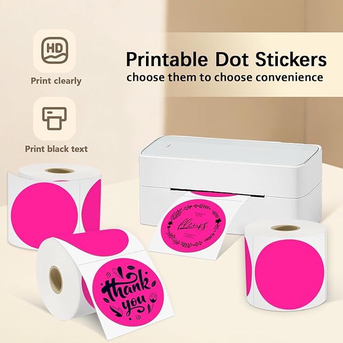 3 X 3 Inch Round Thermal Labels Circle Color Coding Labels Printable Waterproof 500PCS Round Stickers Adhesive Writable for Home, Garage, DIY Sticker, Barcodes,4 Rolls of Fluorescent Pink